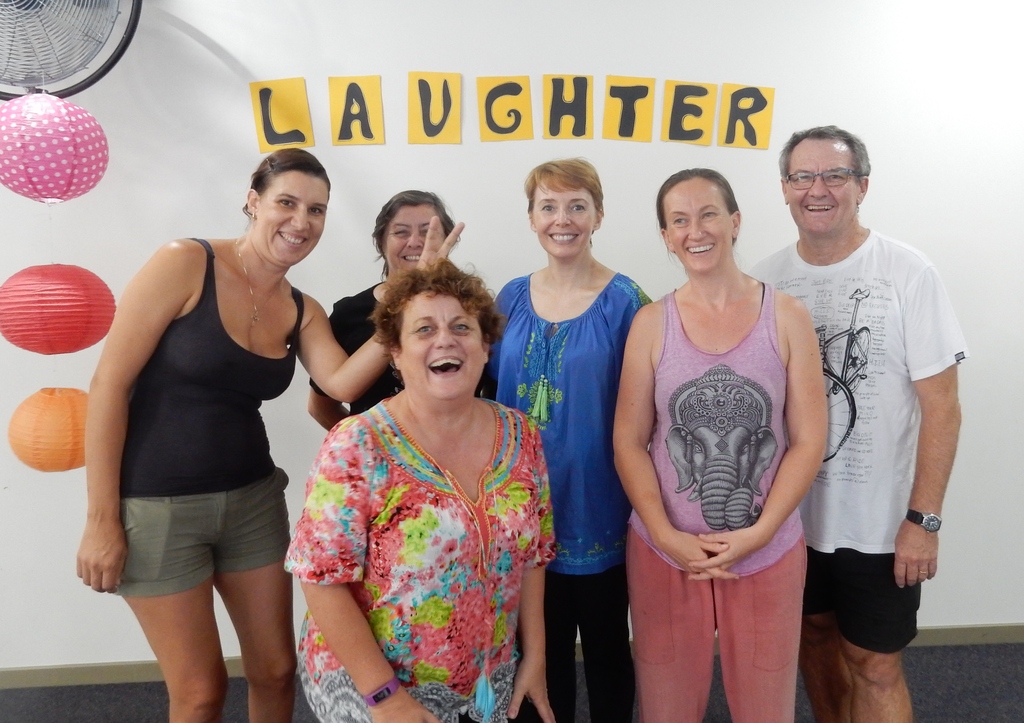 5 laughter yoga leader participants, smiling with trainer, HeatherJoy