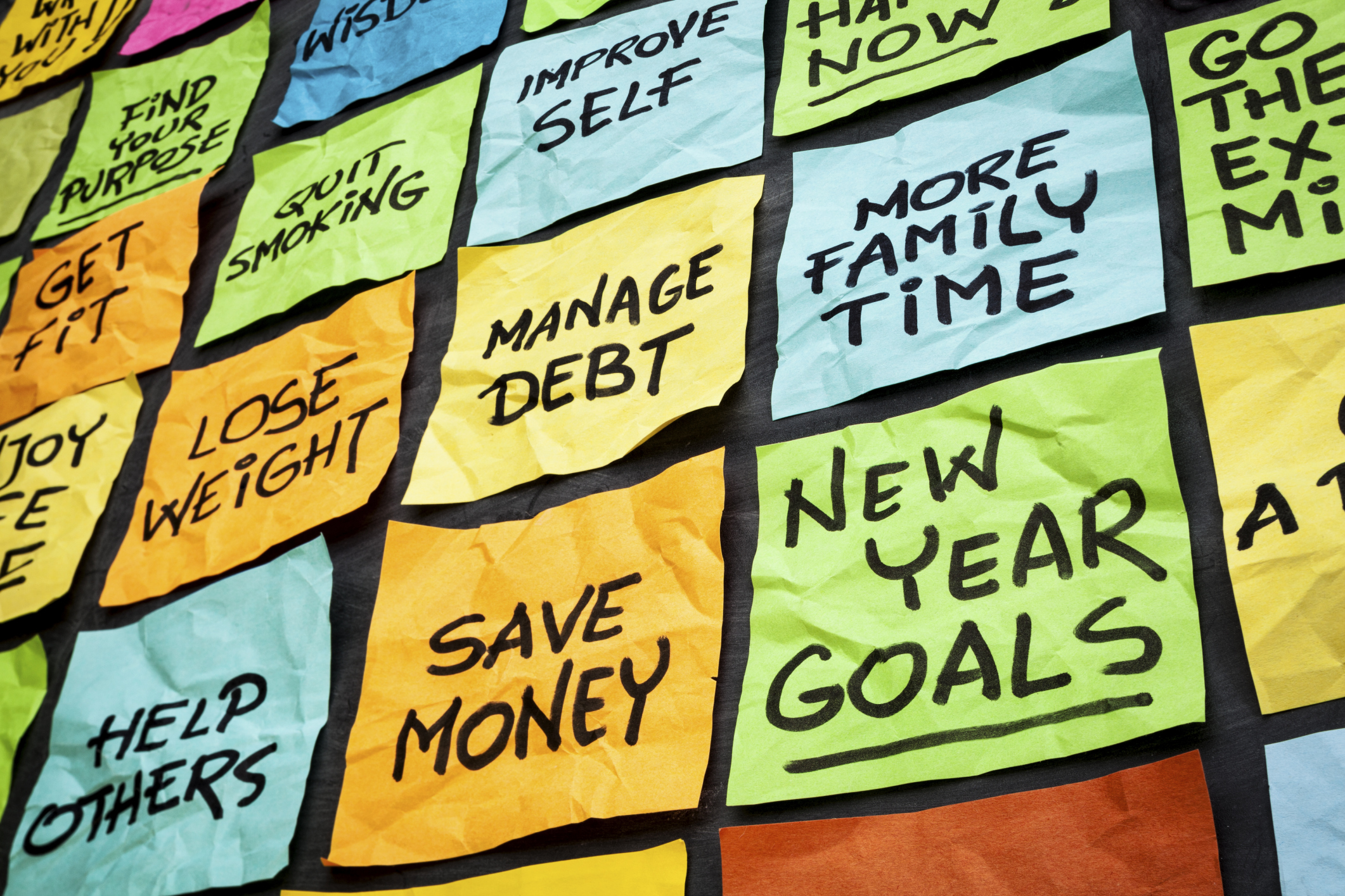 a wall of sticky notes with New Year goals - or resolutions - handwritten on them including save money, manage debt, more family time, get fit, lose weight, find purpose.