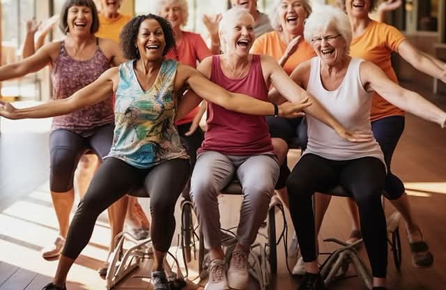 A group of mature women wearing activewear, smiling with arms wide.