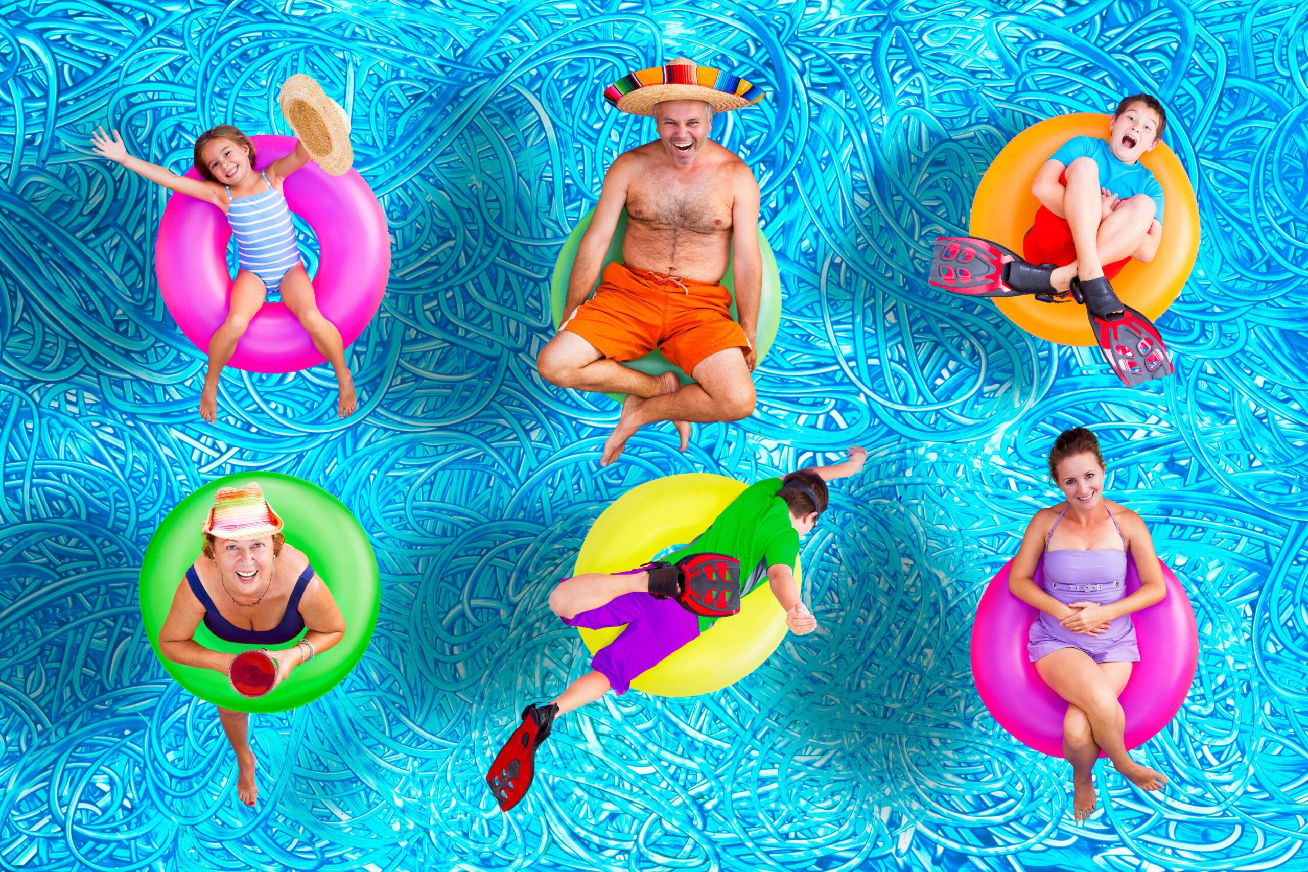 6 people floating in blow up pool rings in a pool, smiling