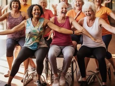 A group of mature women wearing activewear, smiling with arms wide.