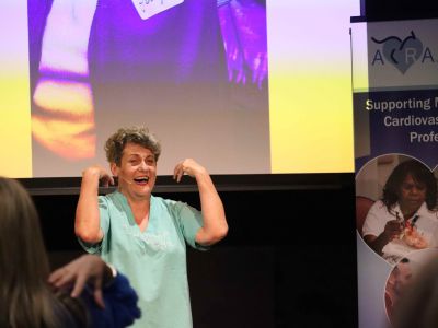 HeatherJoy Campbell, Laughter Yoga international Ambassador, presents at a conference on heart health