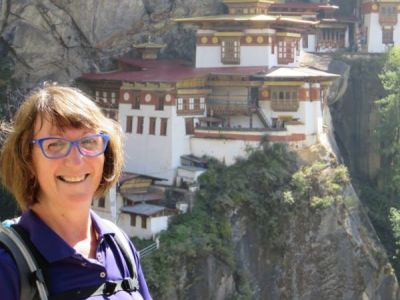 Woman tourist in Bhutan mountains