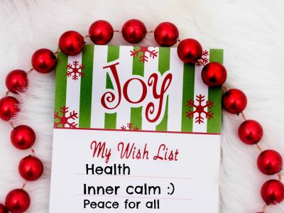 A Christmas wish list decorated with small baubles. The list has three items: health, inner calm and peace for all